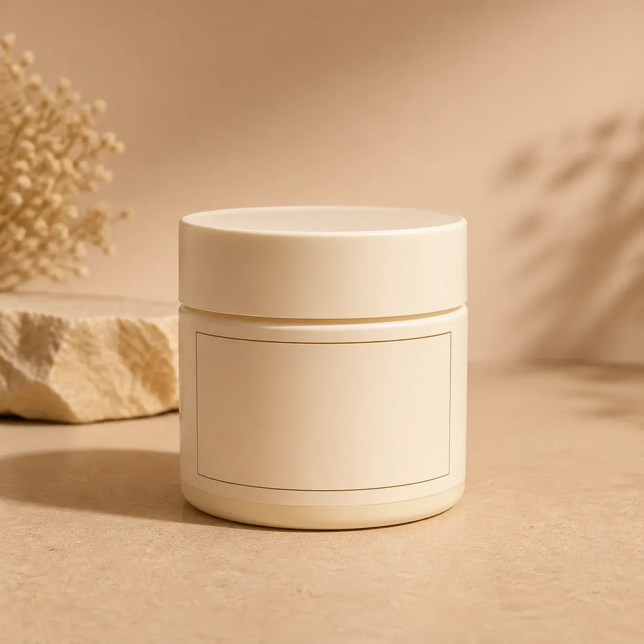 After image showing the same skincare jar preserved on a warm beige studio background.