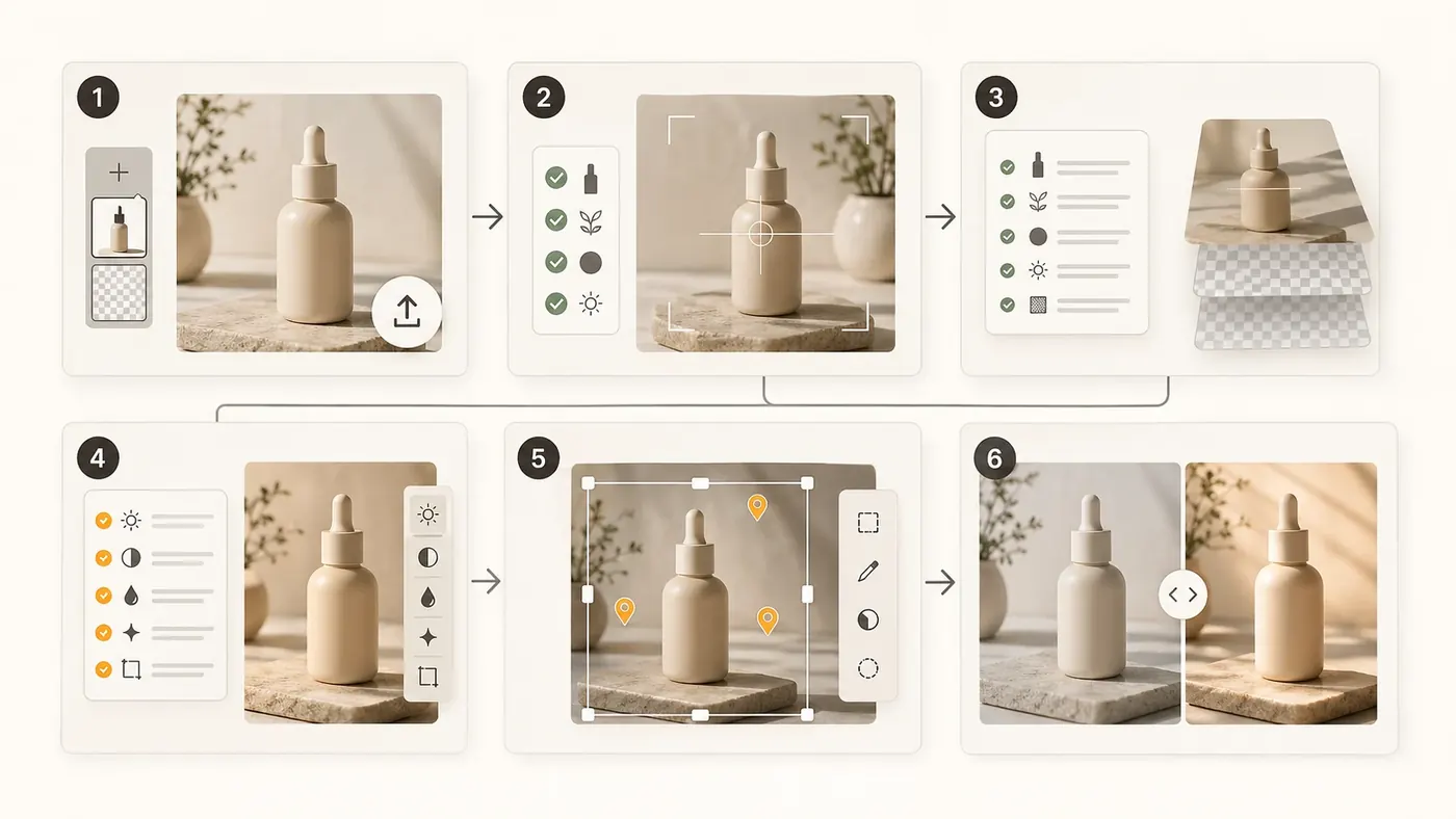 Six-step ChatGPT image editing workflow from upload to preserve list, change list, local edit, review, and iteration.