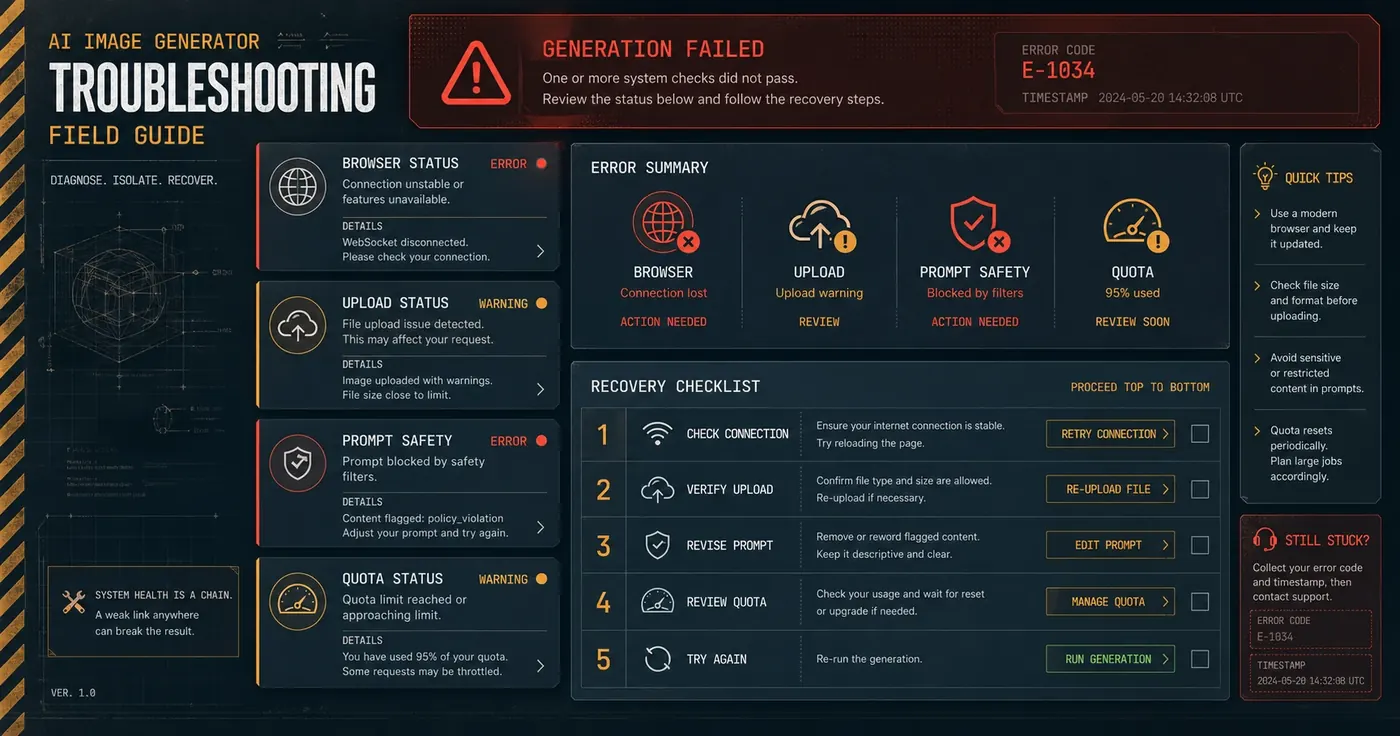 Diagnostic dashboard for fixing a ChatGPT image generator failure, with error states, browser checks, upload checks, and a recovery checklist.
