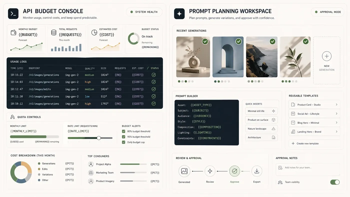 Split view comparing API budget console and ChatGPTImages UI prompt planning workspace.