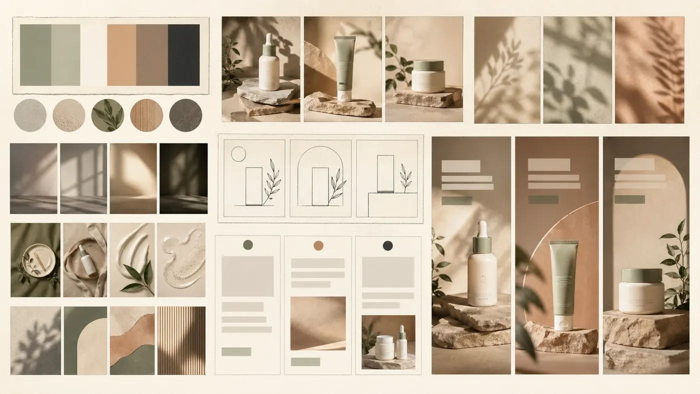 Brand reference moodboard showing palette, product staging, typography placeholders, lighting, and consistent campaign outputs.