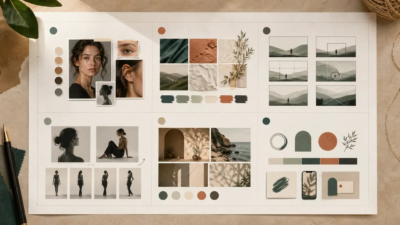 Moodboard diagram classifying reference images by identity, style, composition, pose, background, and brand system.
