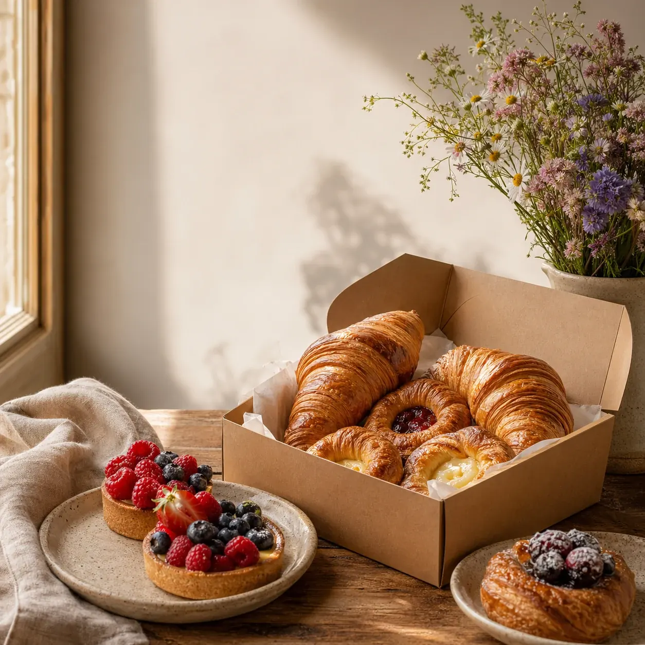 Square social media image for a bakery weekend pastry box with warm table light and empty headline space.