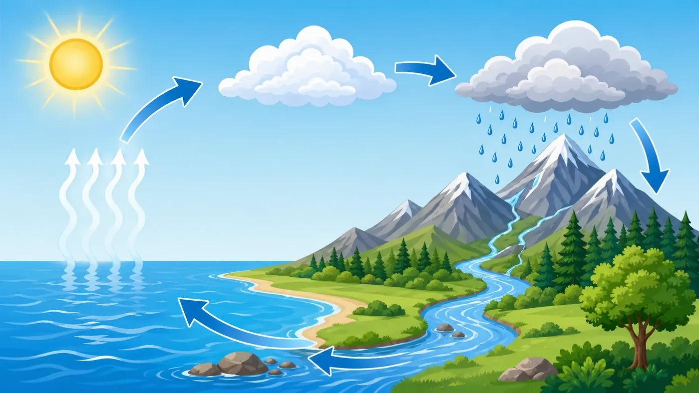 Landscape educational illustration showing the water cycle with ocean, clouds, rain, mountains, river, and simple arrows.