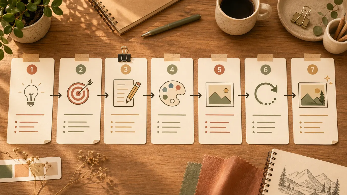 Six-step workflow from rough idea to prompt brief, style choice, composition, first draft, and focused revision.