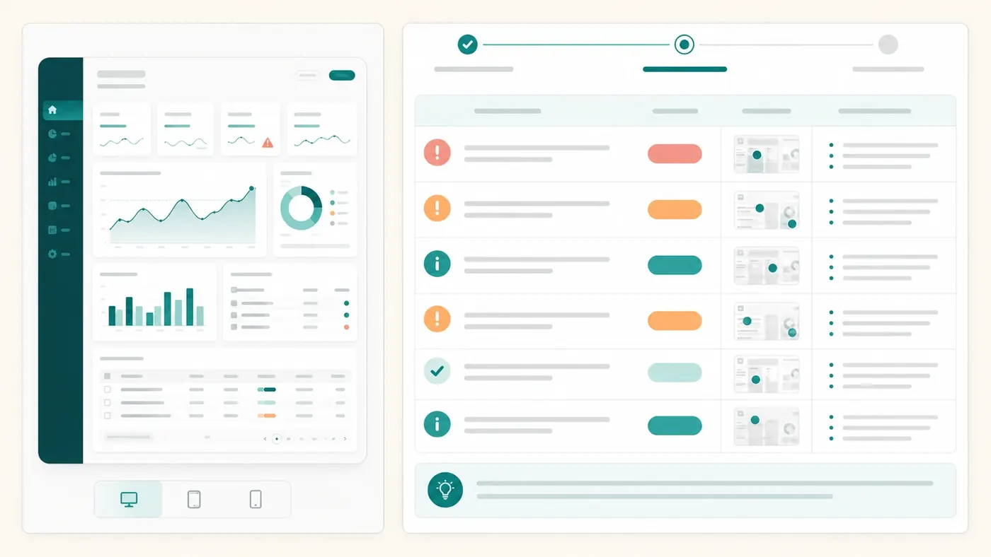 Result card showing a structured UX analysis table next to the uploaded dashboard screenshot.