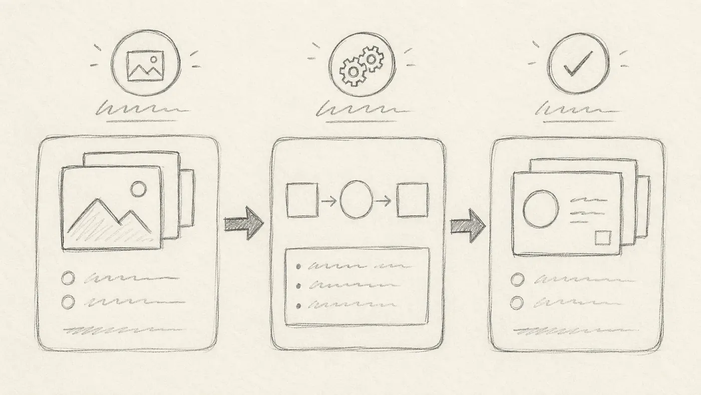 Input sketch showing a rough three-panel landing page illustration layout with arrows and object placeholders.