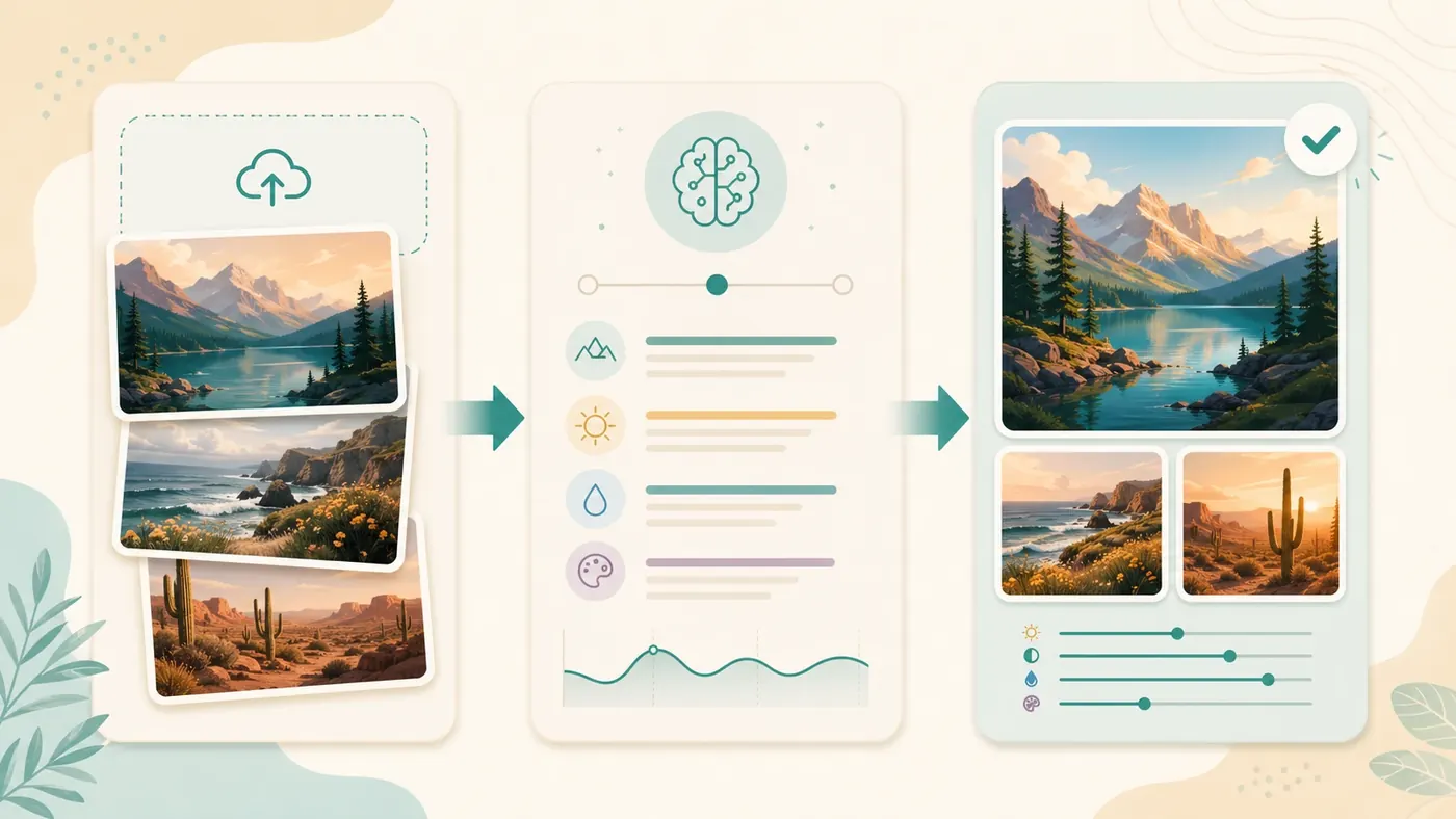 Polished illustration result based on the uploaded sketch, showing input image cards flowing into analyzed and edited results.