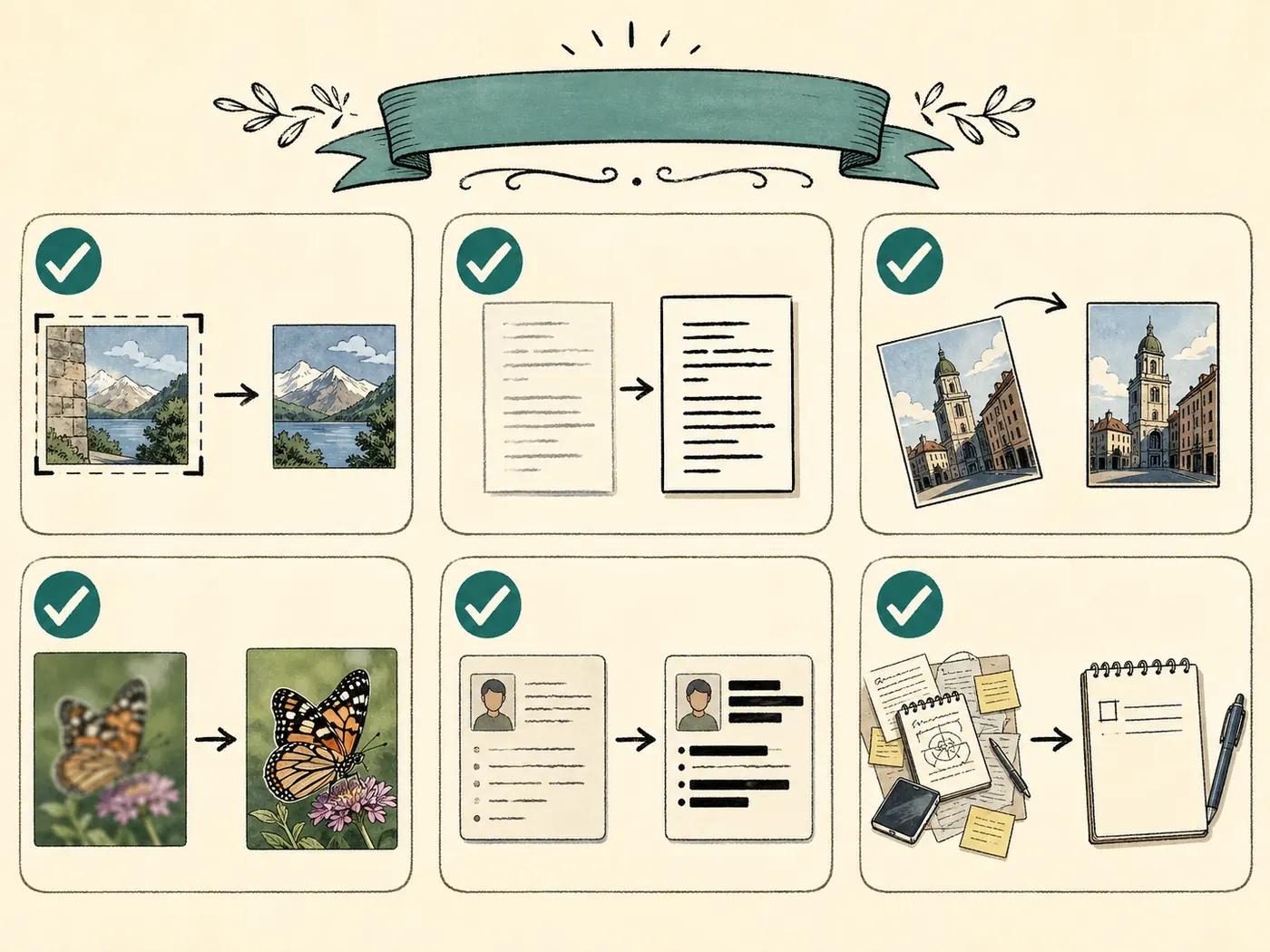 Image quality checklist showing crop, resolution, text size, orientation, privacy redaction, and one clear task.