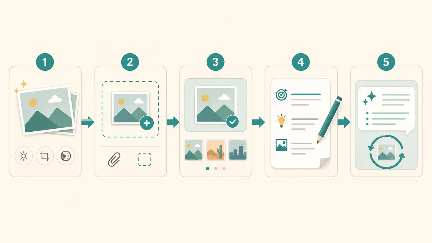 Five-step upload flow showing prepare file, attach image, confirm thumbnail, ask a task, and refine the result.