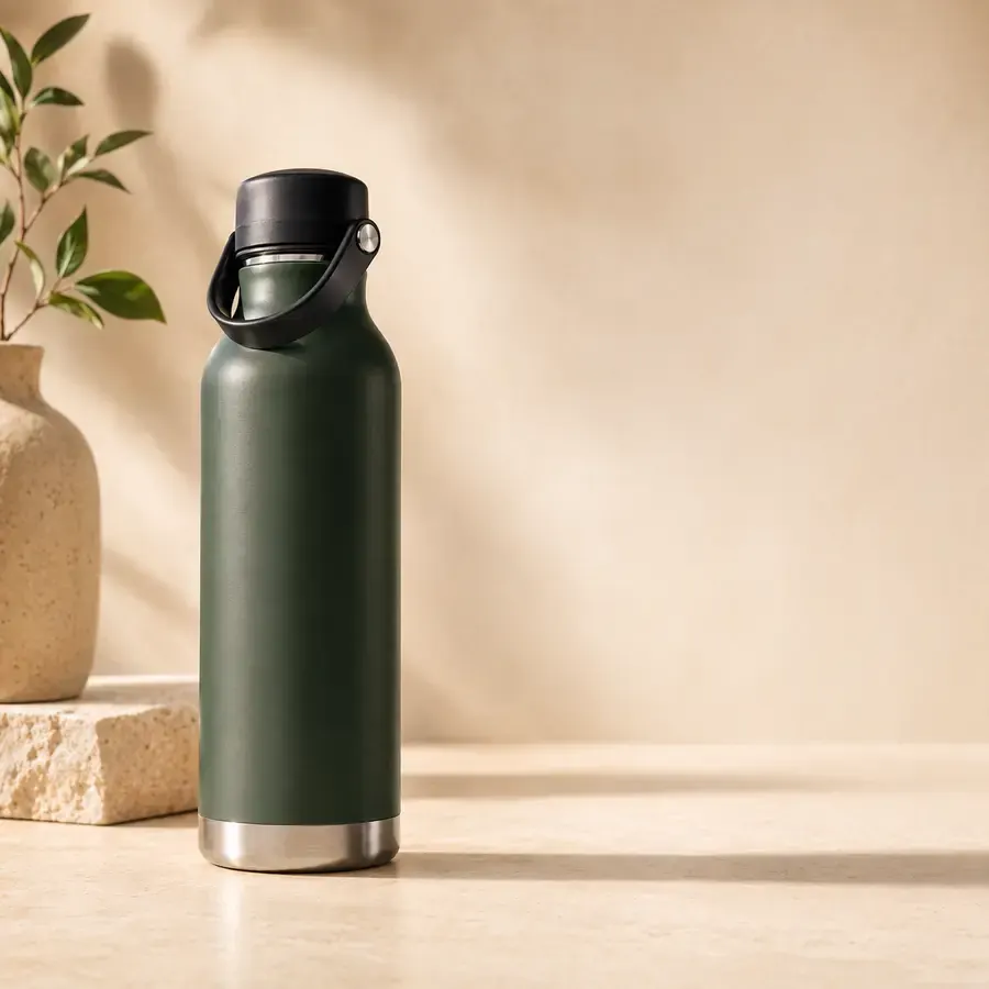 Edited warm studio ecommerce image preserving the water bottle shape, color, cap, and proportions.