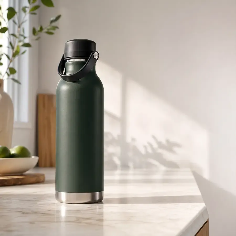 Reference product photo showing a matte forest-green water bottle on a kitchen counter.