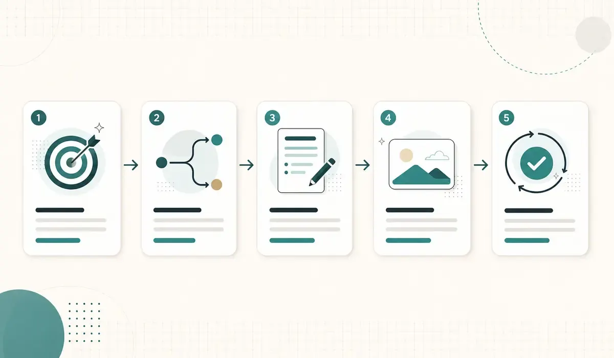 Five-step GPT Image 2 workflow from deliverable to prompt brief, generation, inspection, and revision.
